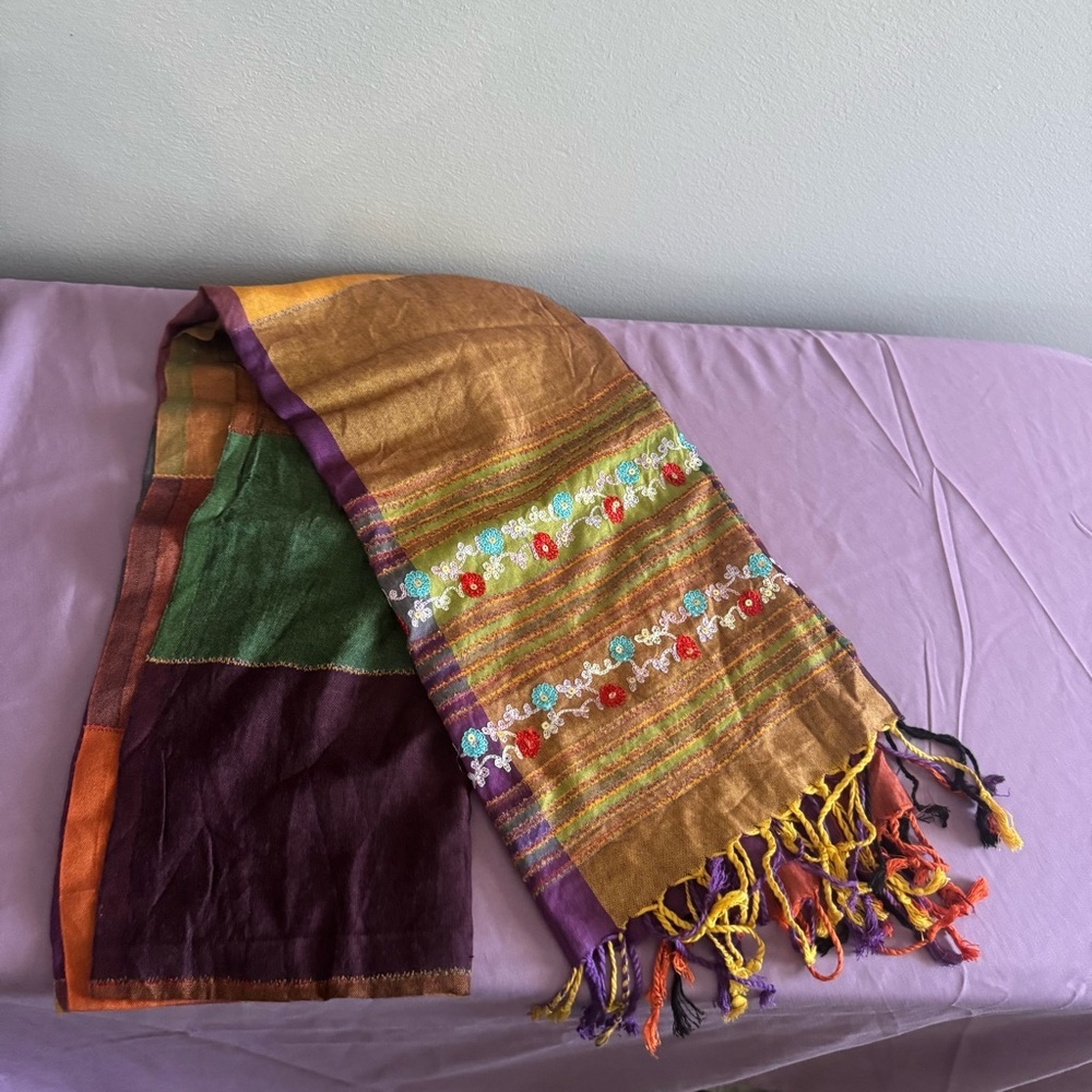 🛍️2/$10🛍️Embroidered Multicolor Fringe Scarf - Gold, Purple, Green, Burgundy